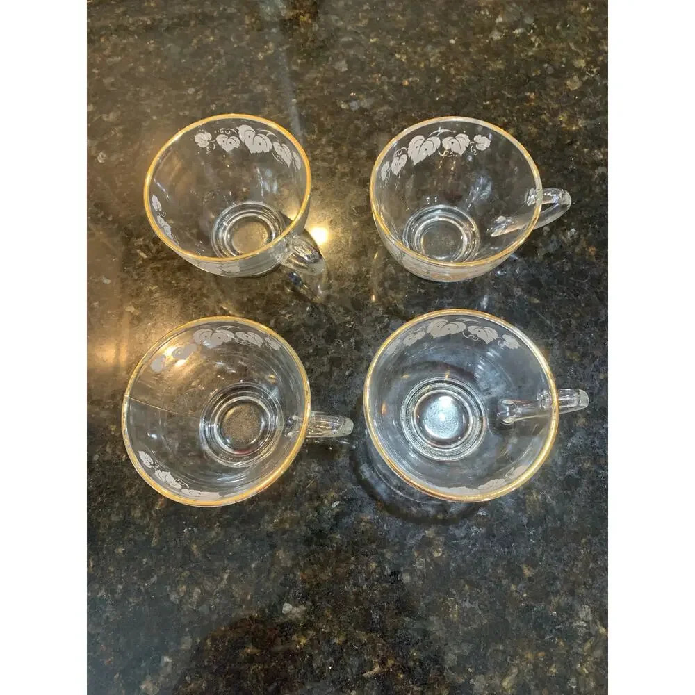 Vintage Anchor Hocking Grape Leaf Punch Bowl Cups Set Gold Rim 4-Piece